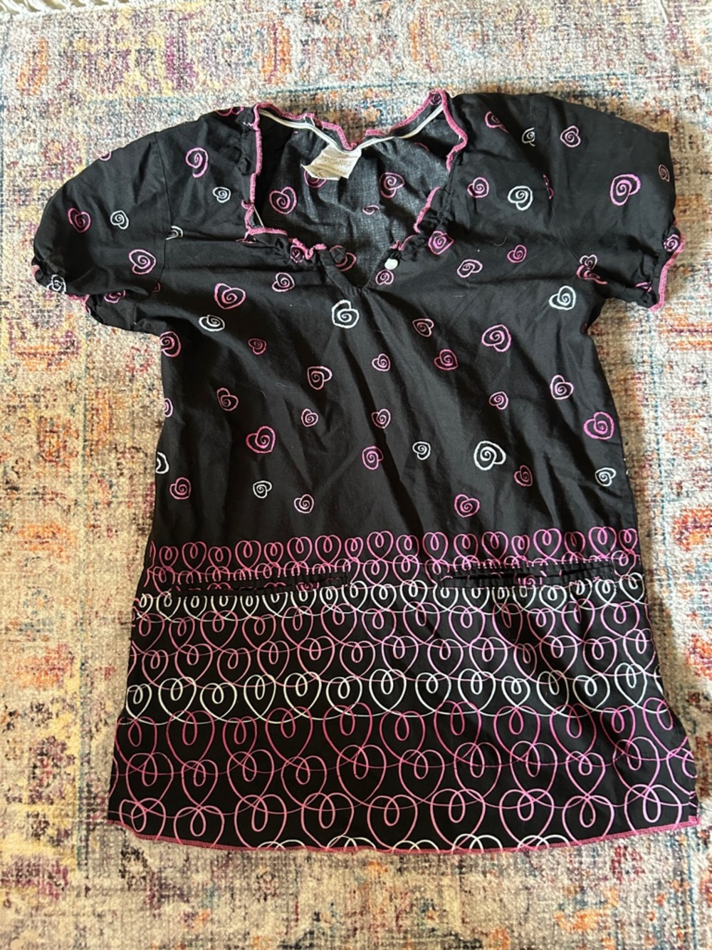 Black ScrubTop with Pink & White Heart Swirl Print